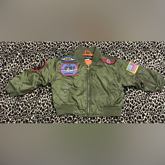 Oscar Kids Aviation Pilot Bomber Jacket Kid Size 2T Green W/ Patches Coat Winter - Picture 1 of 9
